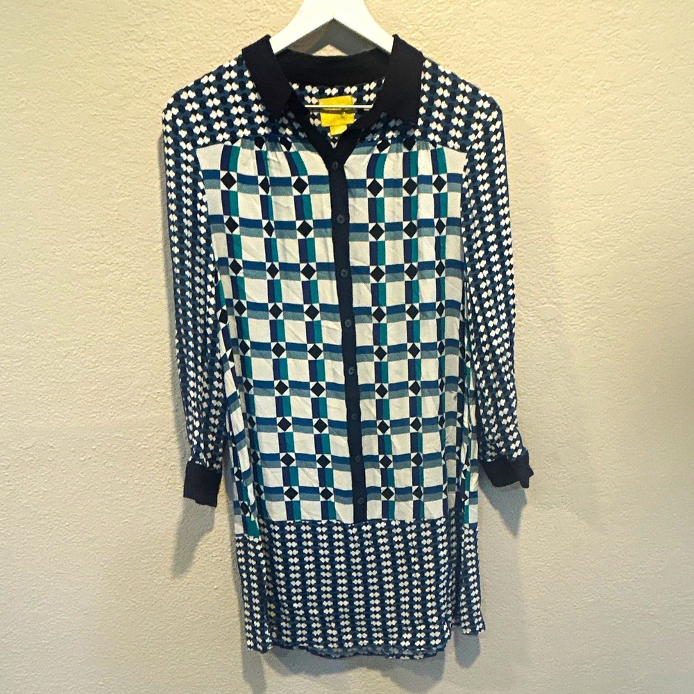 Maeve Women's Geometric Shirt Dress Size 4 Blue/White/Black Long Sleeve Button